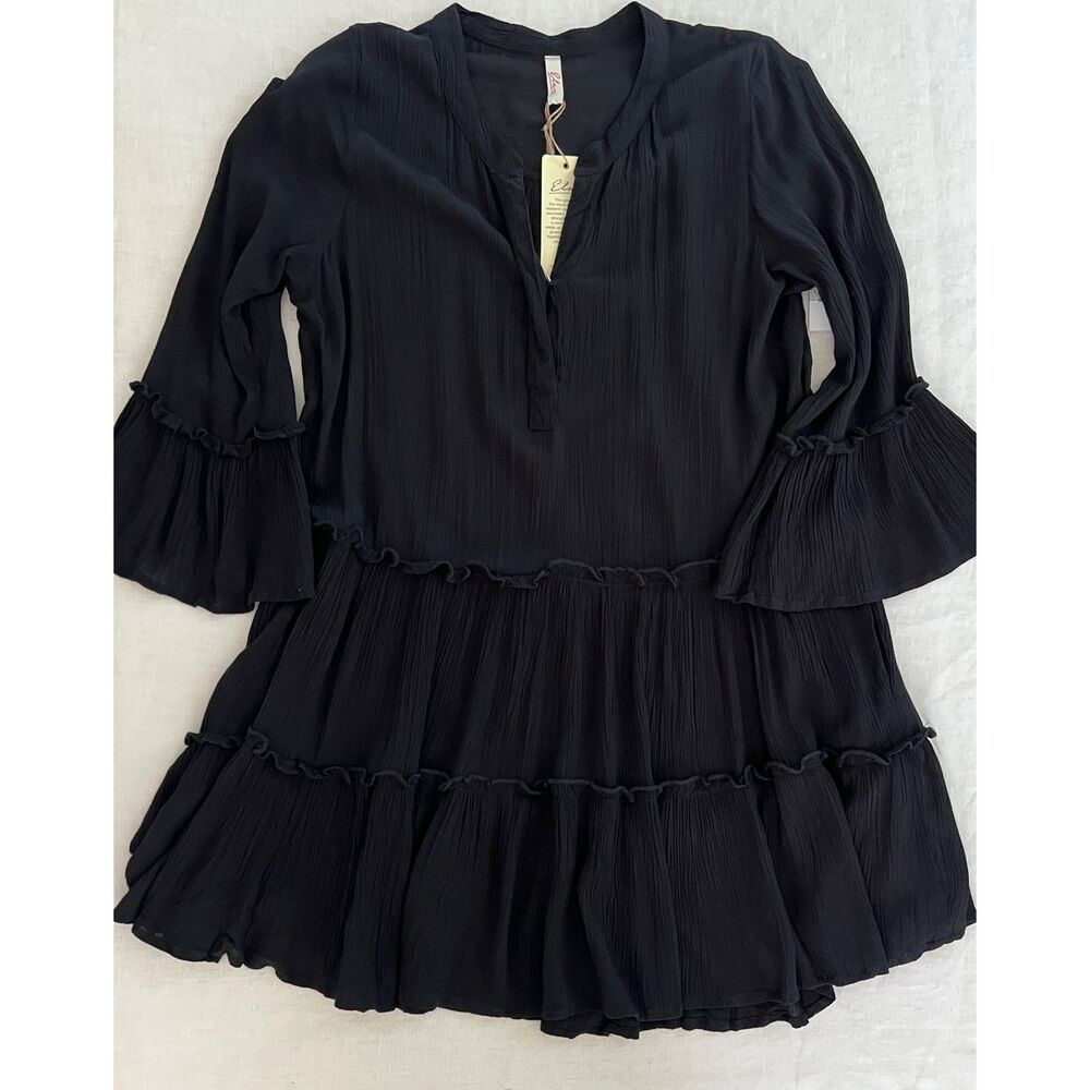 NWT ELAN Black Tiered Ruffle Babydoll Whimsigoth Dress Long Bell Sleeves Size S